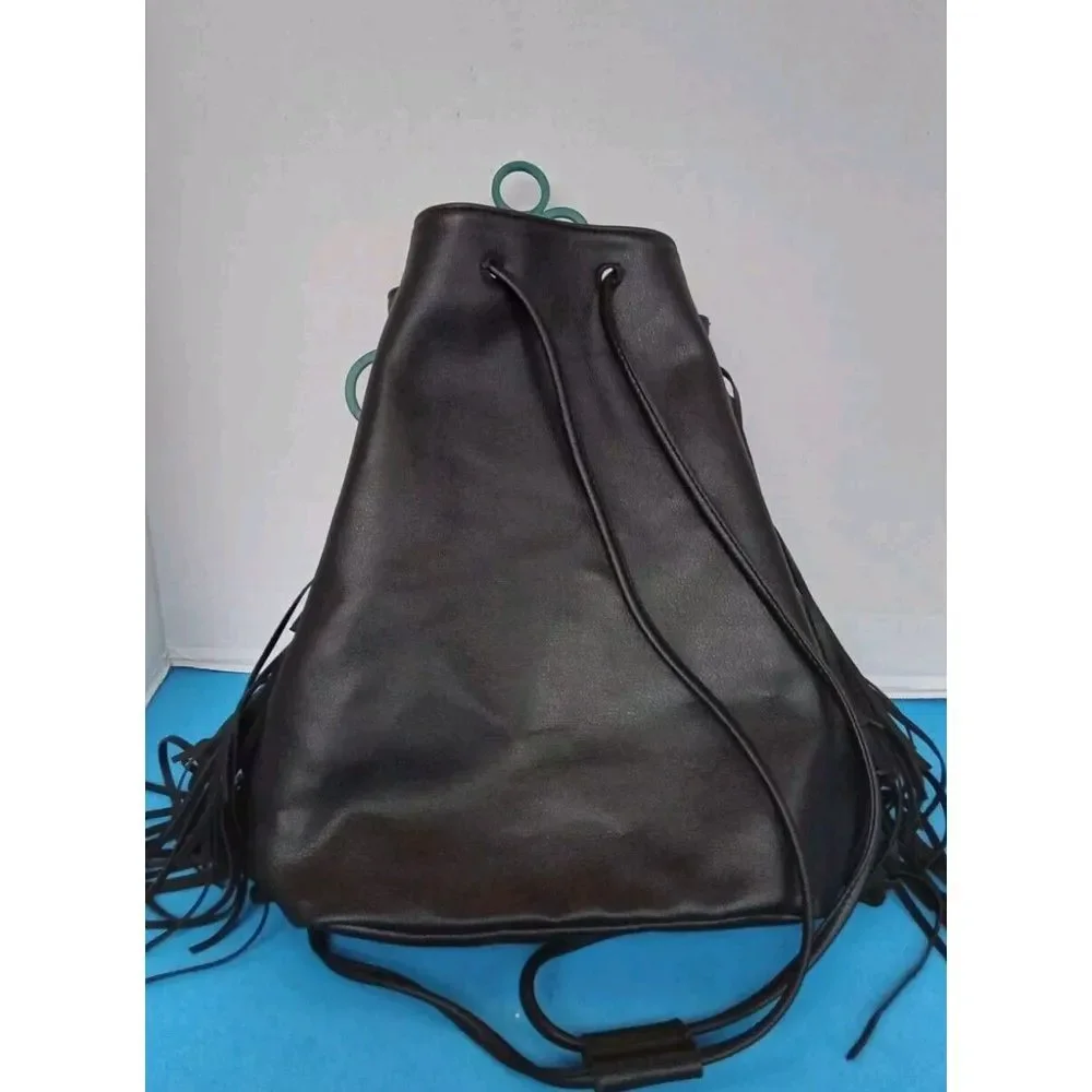 Victoria's Secret Black Faux‎ Leather Drawstring Bucket Bag with Fringe Detail